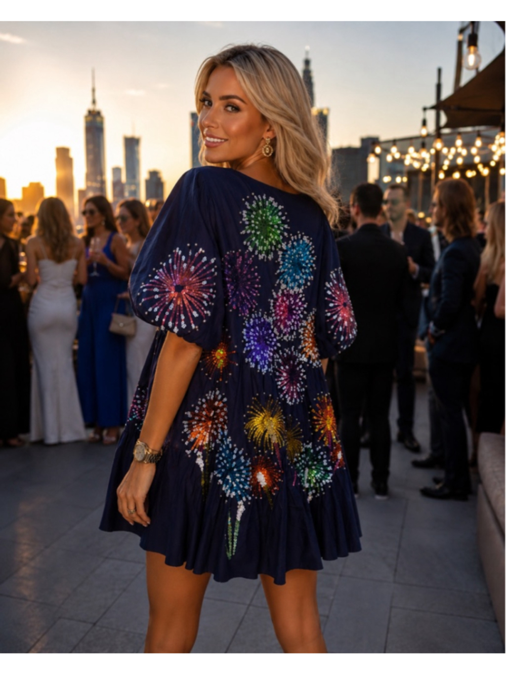 Queen Of Sparkles Navy Firework Sequin Puff Sleeve Mini Dress Quiet Luxury Bold
